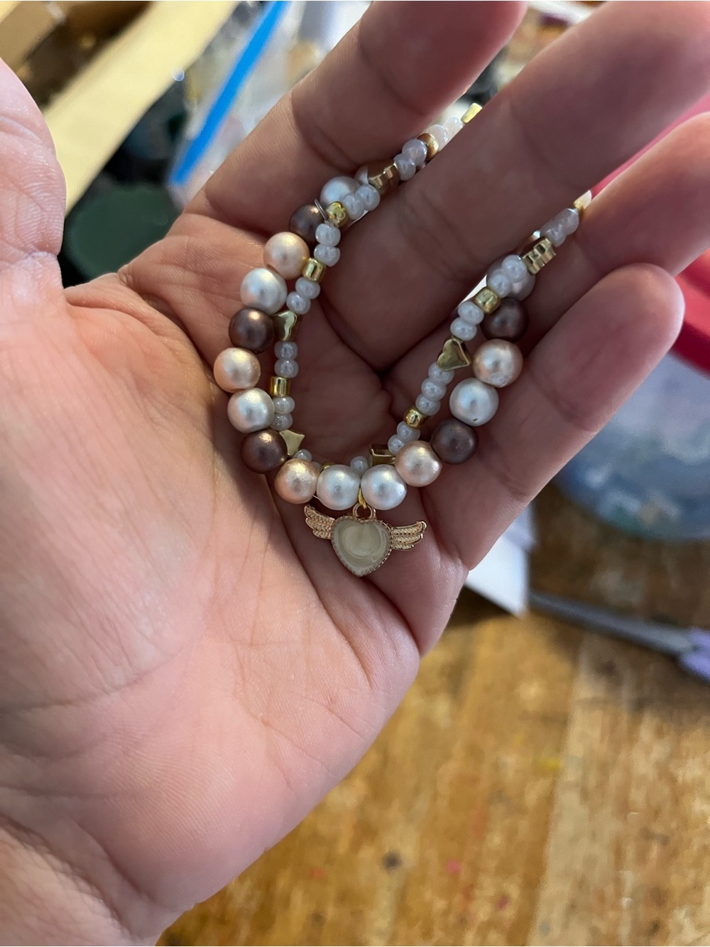 Gold & Cream Pearl Heart Charm Bracelet - Women Jewelry